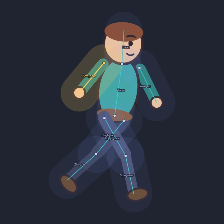 A 2D fighter posed mid-stride in the pinkcel editor with its bone skeleton drawn over the artwork