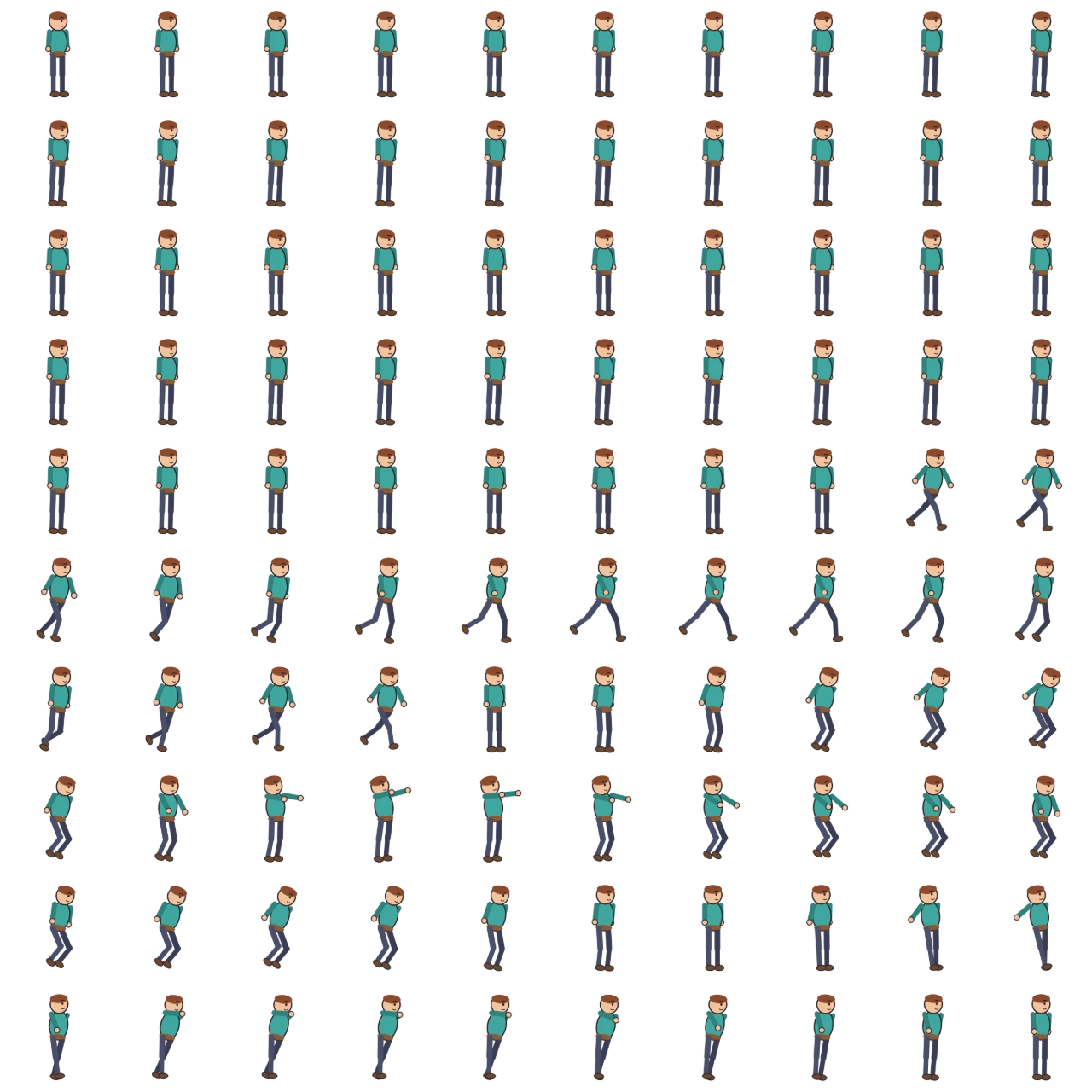 A sprite sheet atlas with rows of frames from the idle, run, jump and attack clips of a 2D fighter